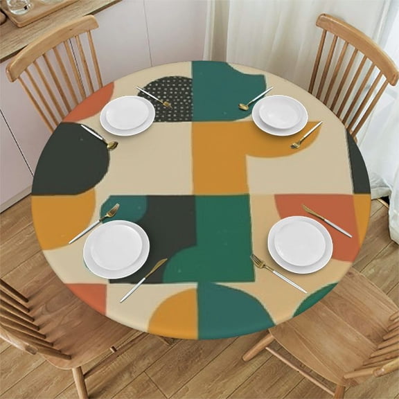 HAOXIT Mid Century Tablecloth, Abstract Geometric Modern Optical Half Circles Pattern Nordic Style Table Cloth Cover for Indoor Picnic Party, Orange Green Red Round 31-35