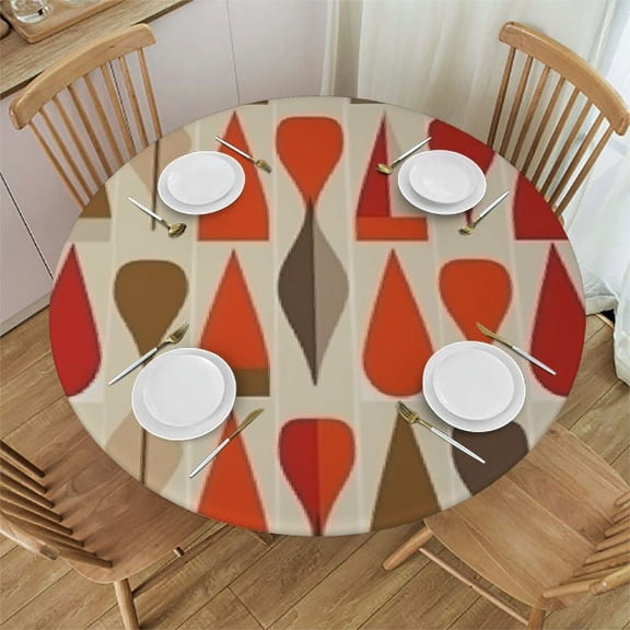 HAOXIT Modern Abstract Tablecloth, Retro Mid Century Drop Shapes Geometric Table Cover for Kitchen Daily Dinning Party Tabletop Decor, Red Orange Round 38-42
