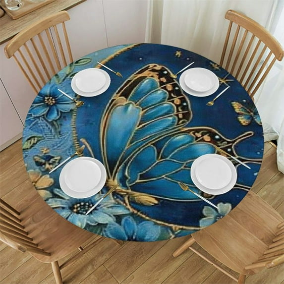 HAOXIT Moon Butterfly Floral Table Cloth for Round Table Elastic Fitted Adjustable Buckle Polyester Table Cover Waterproof Tablecloths Round for Kitchen Dining Indoor Decor 31-35