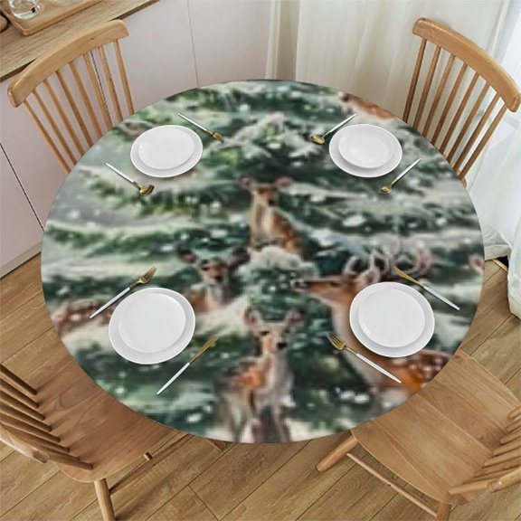 HAOXIT Moose Table Cloth - Wild Animal Round Tablecloth Xmas Deers Birds Table Covers for Kitchen Party Dinner Tabletop Decoration 46-50