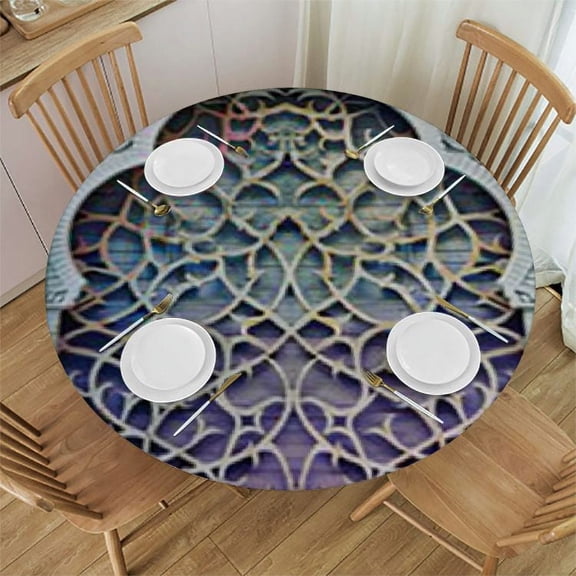HAOXIT Moroccan Tablecloth, Old Fashion Ottoman Arch Door Surrounded by Digital Featured Geometry Motif, Dining Room Kitchen Round Table Cover