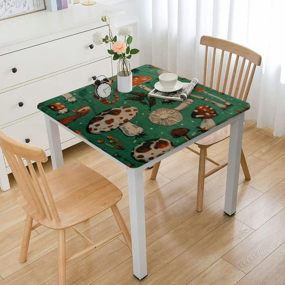 HAOXIT Mushroom Square Tablecloth, Autumn Themed Pattern of Repetitive Forest Concept Elements on Green, Circle Table Cloth Cover for Dining Room Kitchen Decoration 48''x48''