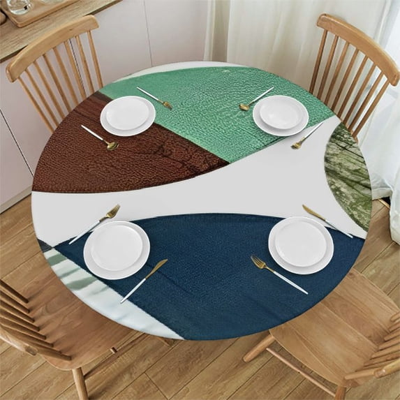 HAOXIT Mustard Yellow Geometric Fitted Round Tablecloth with Elastic Edged, Modern Elegant Chic Cloth Spill Proof, Washable Table Cover for Outdoor Dinning Kitchen Picnic, Fit for Round Table 31-35