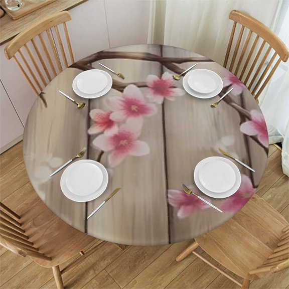 HAOXIT Nature Tablecloth, Spring Cherry Falling Petals Sun Rays on Wooden Wall Background Illustration, Round Table Cover for Dining Room Kitchen Decor