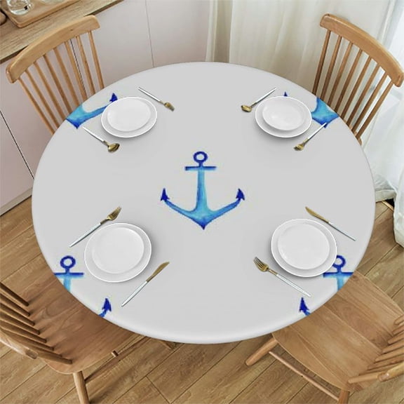 HAOXIT Nautical Round Tablecloth, Pattern in Vivid Colors Surreal Ship Items Boat Cruise Marine Elements, Circle Table Cloth Cover for Dining Room Kitchen Decoration 38-42