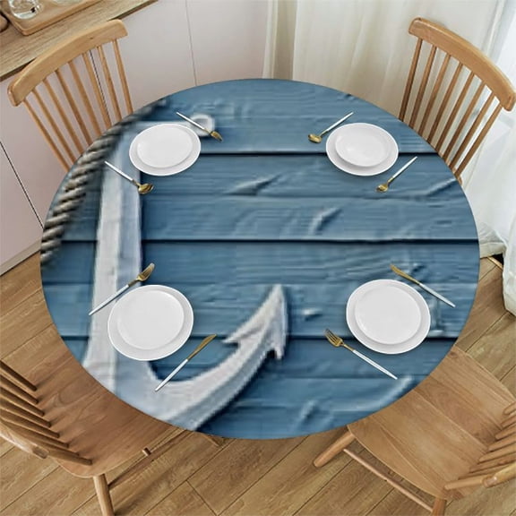 HAOXIT Nautical Tablecloth, Anchor with Marine on Wood Background Sea Ocean Life Coast Cruise Theme, Round Table Cover for Dining Room Kitchen Decor