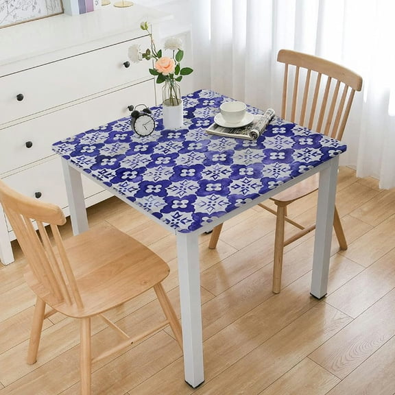 HAOXIT Navy Blue Tablecloth, Portuguese Tile Design Traditional Azulejo Retro Style Mosaic, Rectangle Satin Table Cover Accent for Dining Room and Kitchen 48''x48''