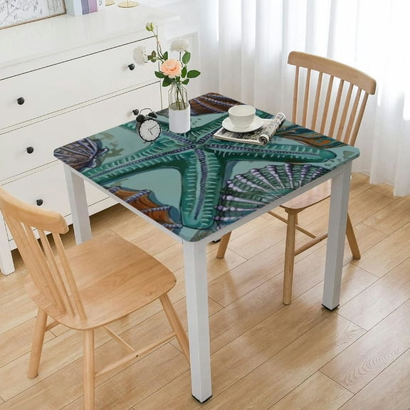HAOXIT Navy Blue Teal Nautical Starfish Beach Coastal Sea Beachy Waterproof Picnic Party Square Table Cloth Cover Square Tablecloth for Home Dining Room Kitchen 40*40