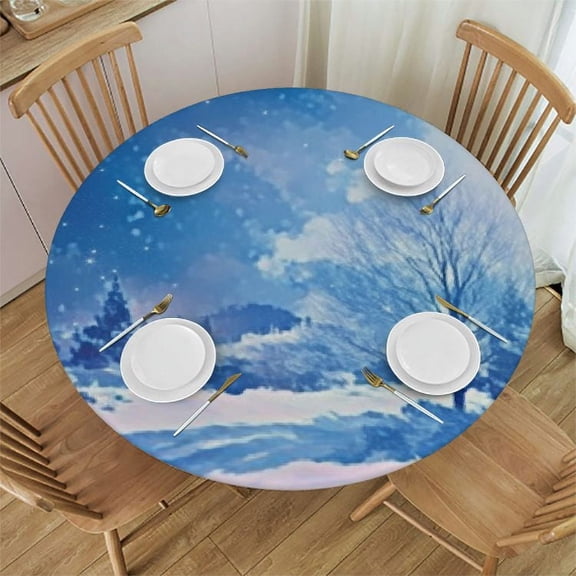 HAOXIT Night Sky Tablecloth, Christmas Themed Abstract Snow Winter Scenery Pine Trees, Dining Room Kitchen Round Table Cover