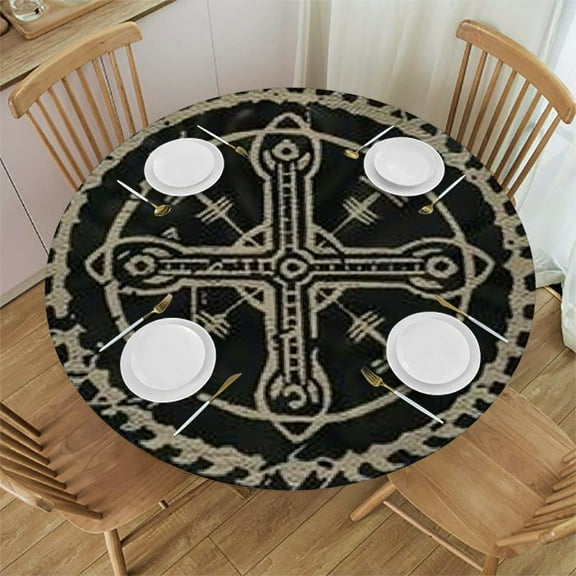 HAOXIT Nordic Viking Table Cloth, Magical Rune Compass Celtic Grunge Old Sign Printed Round Tablecloth for Dinning Table Kitchen Party  31-35