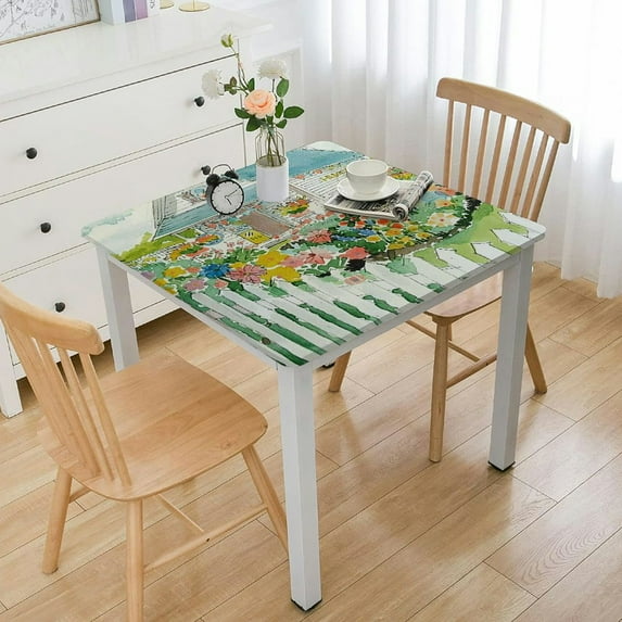 HAOXIT Nostalgic Easter Market Farm Truck Vinyl Flannel Backed Tablecloth - Spring Flower Market, Bunny and Egg Print Indoor/Outdoor Easy Care Vinyl Tablecloth 52*52
