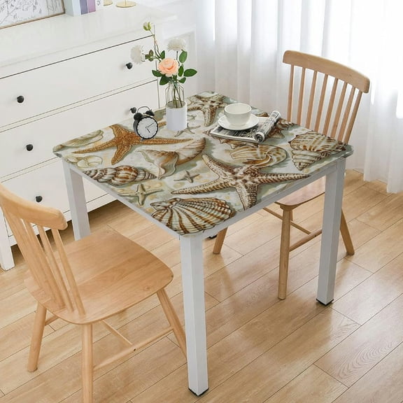 HAOXIT Ocean Fitted Tablecloth Square, Shell &amp; Seahorse Elastic Edge Home Decor Tablecloths, Wipeable Washable Polyester Fabric Table Cover for Indoor Garden Patio Children Party 36*36
