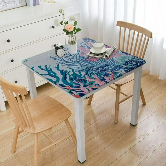 HAOXIT Ocean Tablecloth Coastal Nautical Rectangle Tablecloth Coral Print Ocean Themed Beach Decorative Waterproof Table Covers for Outdoor Dining Room Kitchen Living Room 52*52