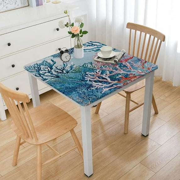 HAOXIT Ocean Tablecloth Coastal Nautical Rectangle Tablecloth Coral Print Ocean Themed Beach Decorative Waterproof Table Covers for Outdoor Dining Room Kitchen Living Room 52*52