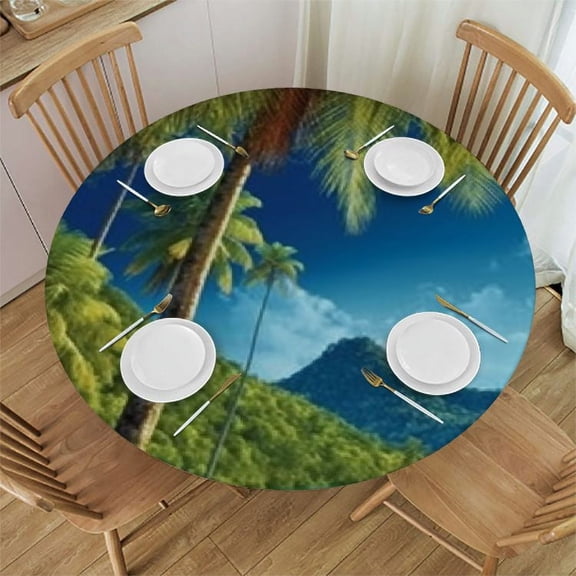 HAOXIT  Ocean Tablecloth, an Image of a Tropical Island with The Palm Trees and Clear Sea of The Beach Theme Print, Round Table Cover for Dining Room Kitchen Decor 54-58