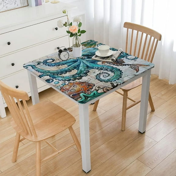 HAOXIT Ocean Turtle Fitted Tablecloth Square, Ocean Elastic Edge Table Covers, for Kitchen Dining Picnic Party 40*40