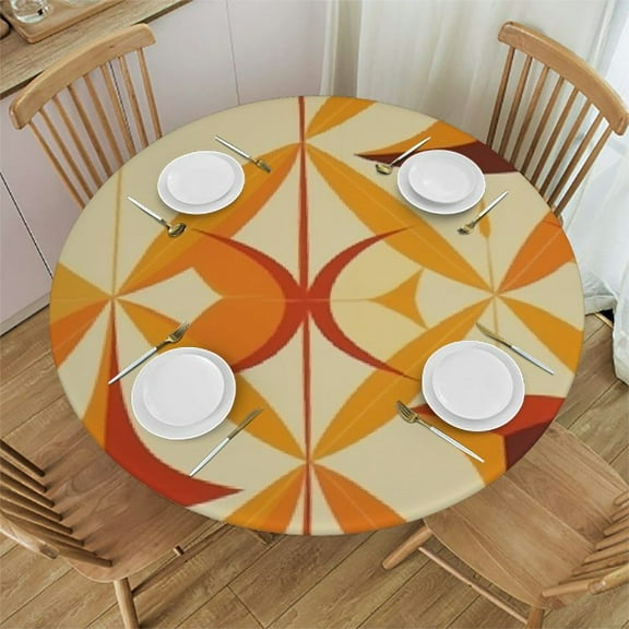 HAOXIT Orange Atomic Tablecloth, Mid Century Modern Yellow Round Shapes Pattern Table Cloth Cover for Holiday Home Picnic Party Wedding Buffet Parties Camping Round 31-35