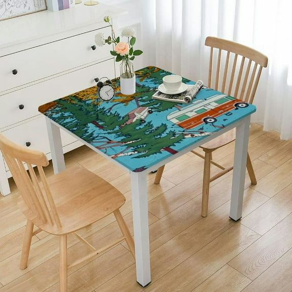 HAOXIT Outdoor Tablecloth, Retro RV Camper Travel Trailers Forest Tablecloth, Rectangle Table Cover, Kitchen Dining Indoor Outdoor Buffet Tabletop Decoration, Clips Included 44''x44''