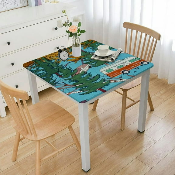 HAOXIT Outdoor Tablecloth, Retro RV Camper Travel Trailers Forest Tablecloth, Rectangle Table Cover, Kitchen Dining Indoor Outdoor Buffet Tabletop Decoration, Clips Included 44''x44''
