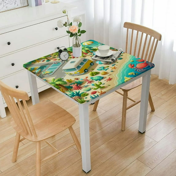 HAOXIT  Outdoor Tablecloth, Retro RV Camper Travel Trailers Forest Tablecloth, Rectangle Table Cover, Kitchen Dining Indoor Outdoor Buffet Tabletop Decoration, Clips Included 60''x60''