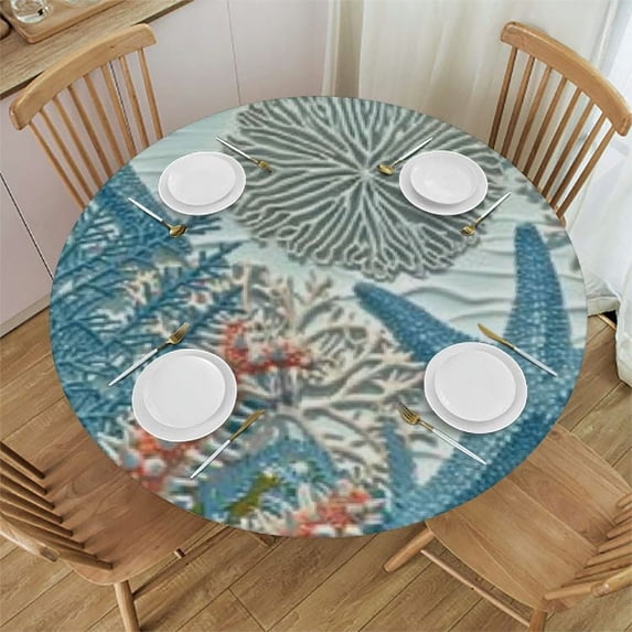 HAOXIT Outdoor Tablecloth Round, Table Cloth,Stain Resistance Polyester Ocean Beach Decor Table Covers for Kitchen Dining Party Picnic 38-42