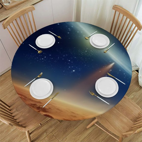 HAOXIT Outer Space Tablecloth, Comet Tail Approaching Cosmos Dark Solar System Scenery, Round Table Cover for Dining Room Kitchen Decor 42-46