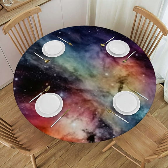 HAOXIT Outer Space Tablecloth, Deep in Starry Outer Space Nebula and Galaxy in Celestial Print, Round Table Cover for Dining Room Kitchen Decor