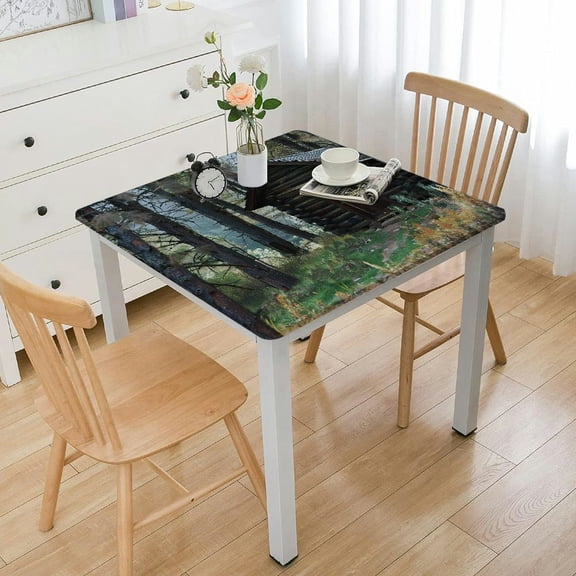 HAOXIT Outhouse Tablecloth, Wooden Prehistoric Life Barn Shed in Spring Forest Leaves Photo, Rectangular Table Cover for Dining Room Kitchen Decor 44''x44''