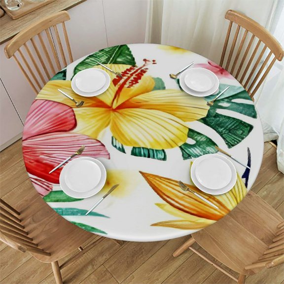 HAOXIT Palm Leaves Round Fitted Tablecloth, Tropical Background, Elastic Edge, Suitable for Kitchen Party Picnic, Fit for Round Table 31-35