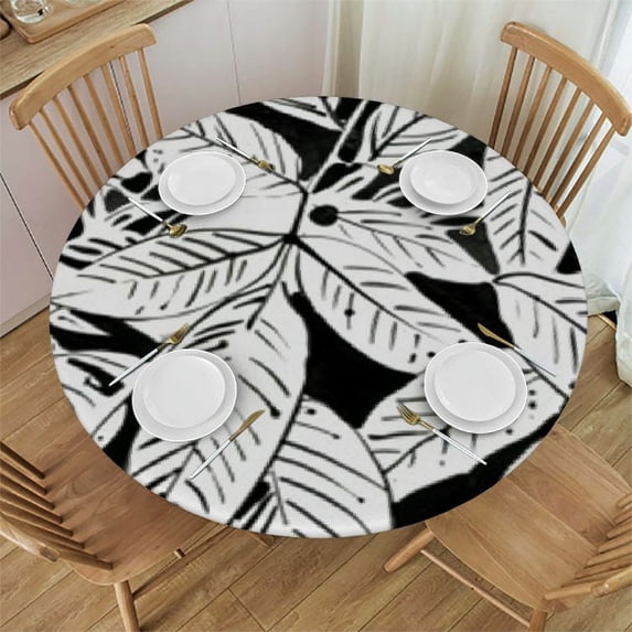 HAOXIT Palm Leaves Round Table Cove, Tropical Background, Elastic Edge, Can Wipe Indoor/Outdoor Dining Table Cover, Fit for Round Table 54-58