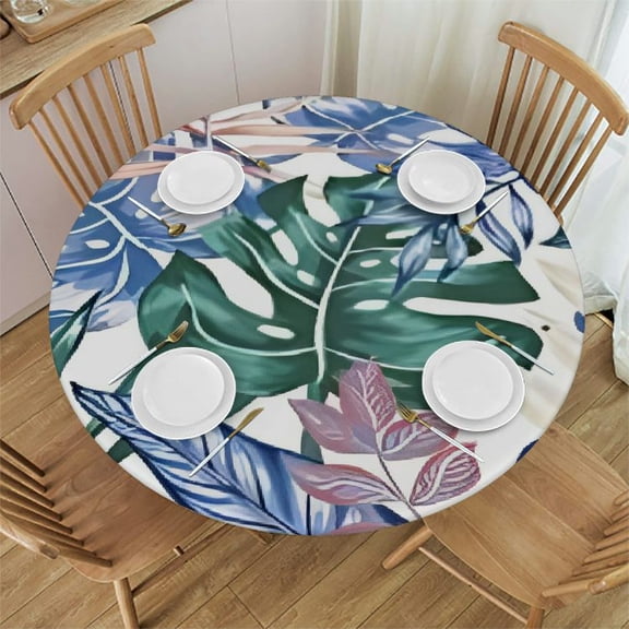 HAOXIT Palm Leaves Round Table Cove, Tropical Jungle Plants Background, Elastic Edge, Suitable for Kitchen Party Picnic, Fit for Round Table 31-35