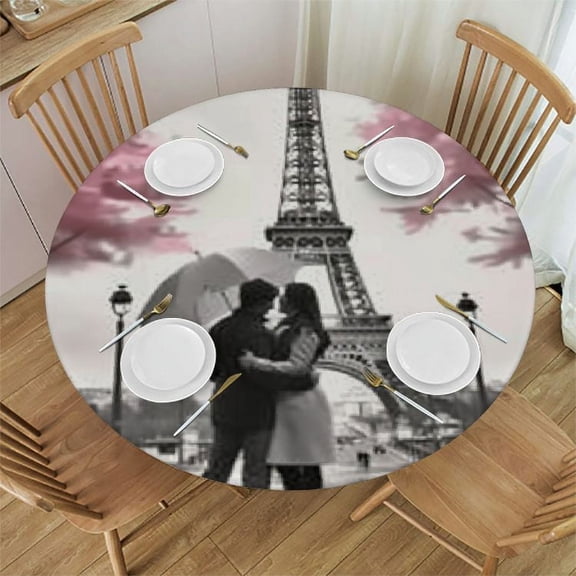 HAOXIT Paris Street Eiffel Tower Pink Floral Round Decorative Tablecloth, Table, Coffee Table Tablecloth 42-46