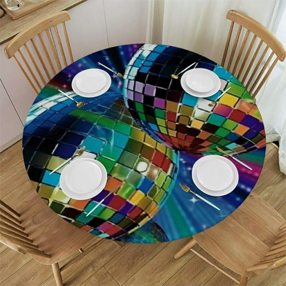 HAOXIT Party Tablecloth, Colorful and Funky Vibrant Disco Balls in Abstract Night Club Theme Art, Dining Room Kitchen Round Table Cover