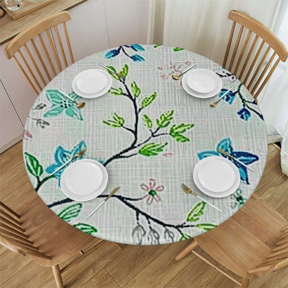 HAOXIT Pastoral Round Tablecloth - Linen Fabric Table Cloth - Washable Table Cover with Dust-Proof Wrinkle Resistant for Restaurant, Picnic, Bistro, Indoor and Outdoor Dining, Gardenia 31-35