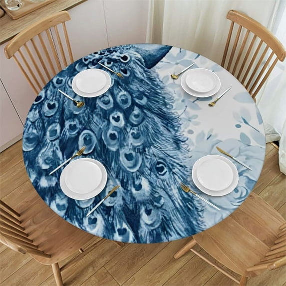 HAOXIT Peacock Bird Fitted Round Tablecloth Waterproof Table Cloth with Elastic Edge Wipe Clean Table Cover for Indoor Outdoor 54"-58