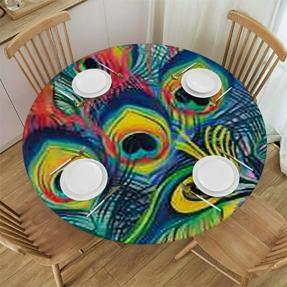 HAOXIT Peacock Tablecloth, Bohemian Artwork Illustration with Colorful Feathers on Plain Background, Round Table Cover for Dining Room Kitchen Decor