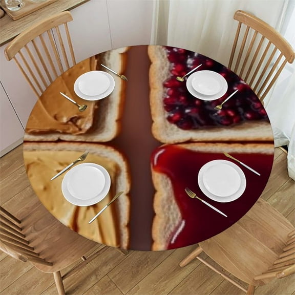 HAOXIT Peanut Butter Tablecloth, Toasts with Chocolate and Peanut Butter Traditional Breakfast, Round Table Cover for Dining Room Kitchen Decor 54-58