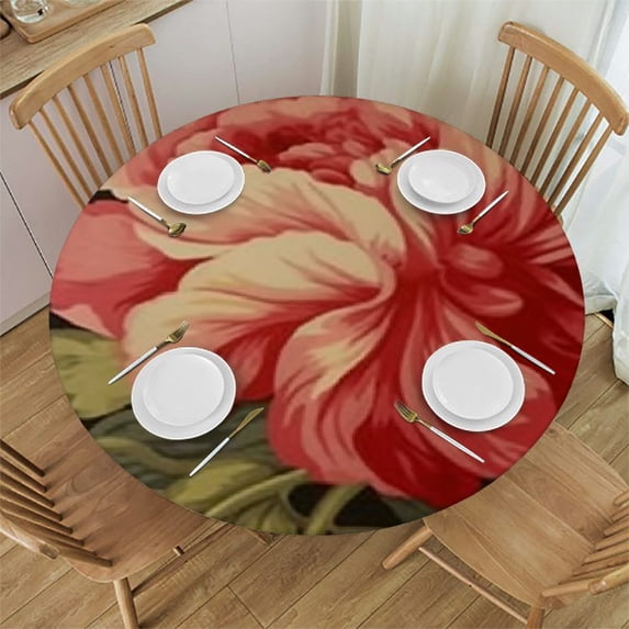 HAOXIT Pink Roses Round Tablecloth Cabbage Roses Aqua Asian Table Cloth Table Cover Outdoor Washable Polyester Table Decor for Dinning Table Party Decoration 31-35