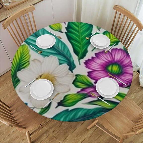 HAOXIT Plants Flowers Leaves Tablecloth Monstera Stylized Leaf Round Table Cloth Protector Proof Table Cover 42-46