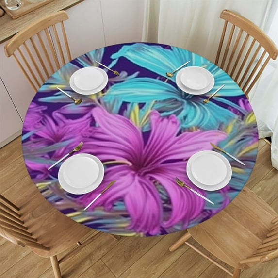 HAOXIT Polyester Round Fitted Table Cloths, Exotic Flowers And Elastic Edged Table Cover, for Indoor Holiday Family Banquet and Outdoor Patio Use 31-35