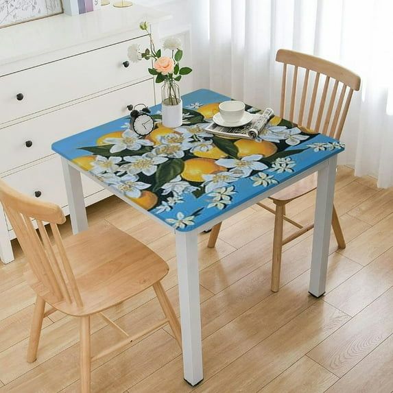 HAOXIT Provence Blue Lemon Mediterranean Tile Tabletop for Spring Summer Decorations, Picnics and Dinner Parties - Indoor Outdoor, Stain and Water Resistant, Rectangle Tablecloth 52*52