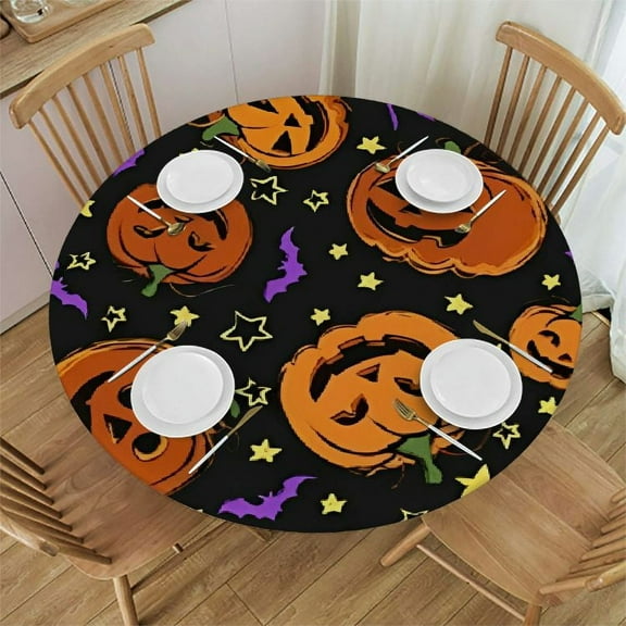 HAOXIT Pumpkin Bat Orange Scary Halloween Round Fitted Table Covers Elastic Edge Circle Tablecloth for Dining Party Holiday Fits Round Table 31"-35