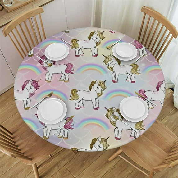 HAOXIT Rainbow Unicorn Elastic Edged Fitted Round Tablecloth , Waterproof Oil Proof Polyester Table Cloth Decorative Fabric Table Cover for Dining Table 38-42