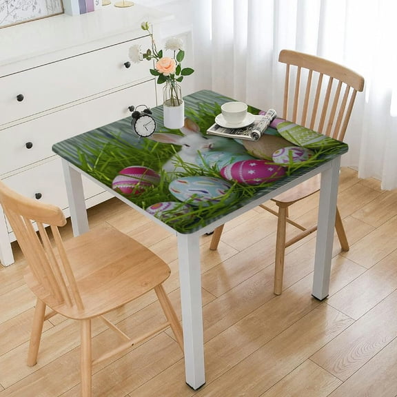 HAOXIT Rectangle Easter Tablecloth Waterproof/Stainproof Ear Egg Tablecloths,Spring Green Table Cloth Washable Polyester Wrinkle-Free Fabric Wood Grain Blue Table Cover for Dining/Party/Wedding white
