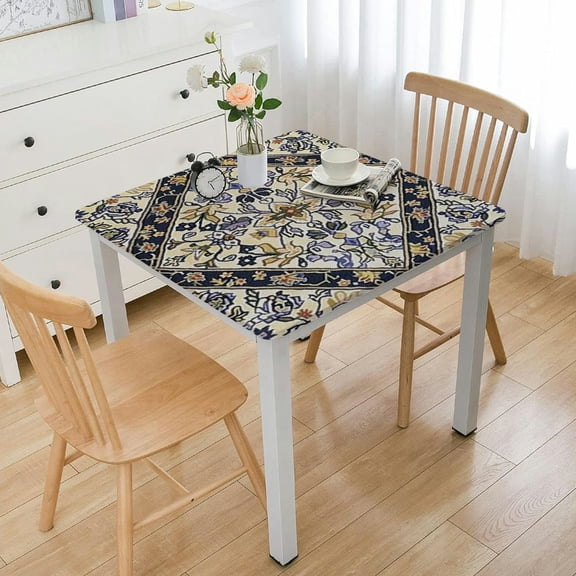 HAOXIT Rectangle Fabric Tablecloth, Allure Yellow and Blue Floral Bordered Print, Indoor Outdoor Stain and Water Resistant Table Cloth, Provence French Country 46*46