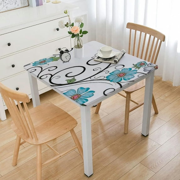 HAOXIT Rectangle Tablecloth, Blue Flower Leaf Spring Summer Floral Waterproof Wrinkle Resistant Dinning Table Cloth Cover for Outdoor and Indoor 52*52