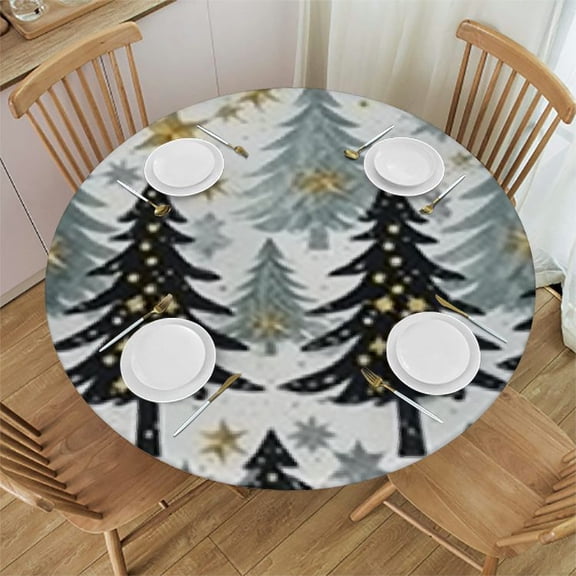HAOXIT Red Christmas Trees Gold Seamless on White Round Table Cloth, Circle Table White Dinner Tablecloth, Desk Cloth Cover for Home Party Wedding 46-50