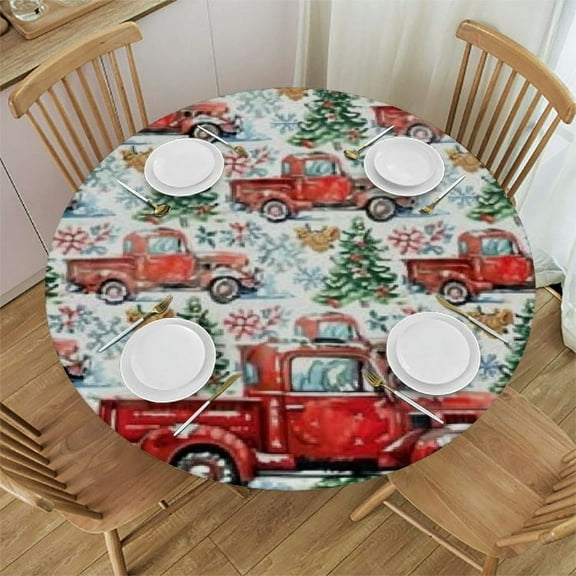 HAOXIT Red Christmas Truck Round Tablecloth, Winter Xmas Table Cloth for Rustic Farmhouse Kitchen Decor, Wipeable Table Cover Round Tablecloths for Holiday Party Indoor Outdoor