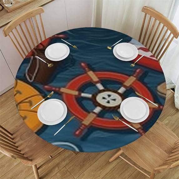 HAOXIT Red and Blue Stars Round Tablecloth Elastic Edge Tablecloth Waterproof Oilcloth Table Cover 38-42