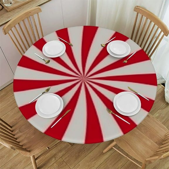 HAOXIT Red and White Round Table Cloth Peppermint Swirl Candy Christmas Tablecloth Fitted Round Table Cover 46-50